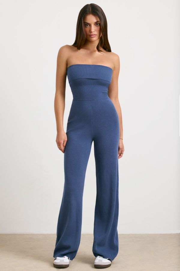 Bandeau Kick Flare Chunky Knit Jumpsuit in Washed Navy - Image 7