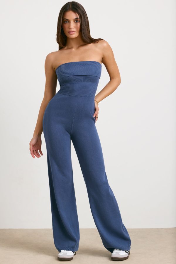 Bandeau Kick Flare Chunky Knit Jumpsuit in Washed Navy - Image 8