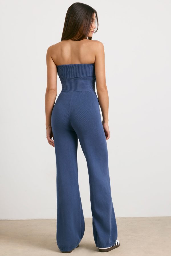 Bandeau Kick Flare Chunky Knit Jumpsuit in Washed Navy - Image 2
