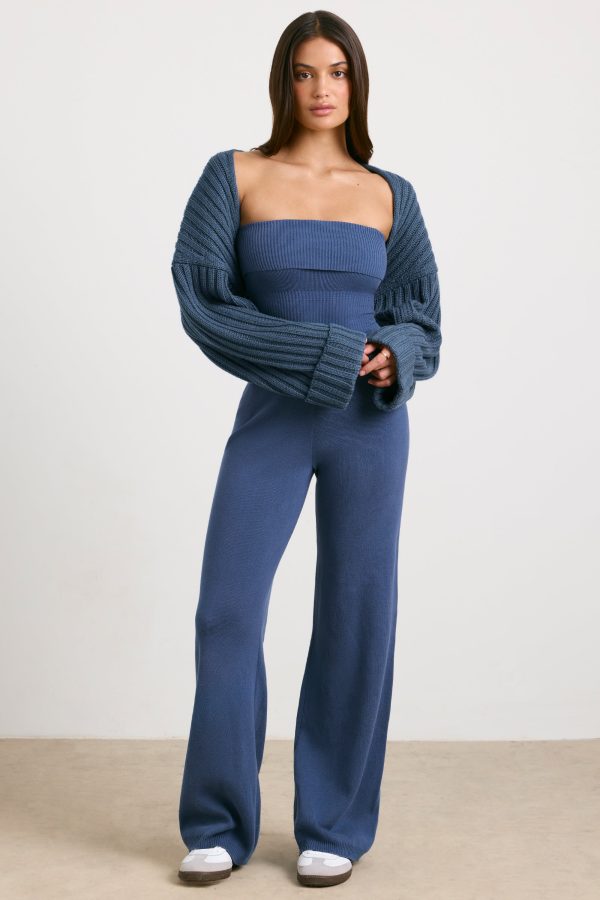 Bandeau Kick Flare Chunky Knit Jumpsuit in Washed Navy - Image 9