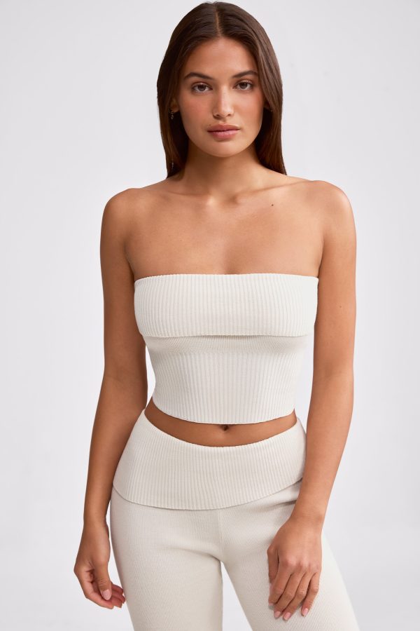 Bandeau Chunky Knit Crop Top in Cream - Image 9