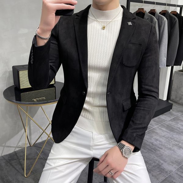 Slim Fit Suit Suede Blazer Jacket Sport Coat - Image 2