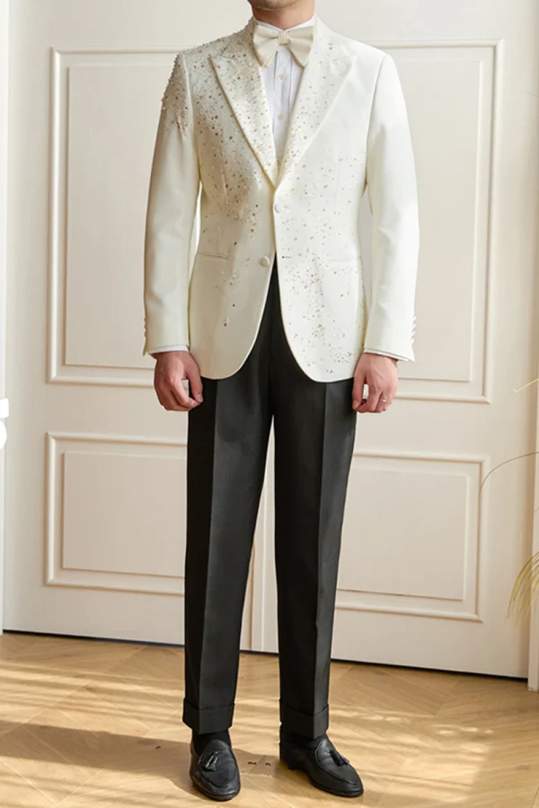 Men’s White Beaded Tuxedo Blazer Formal Party Suit Jacket - Image 2