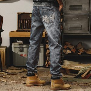 Men’s Washed Denim Pants Loose Fit Straight Embroidered
