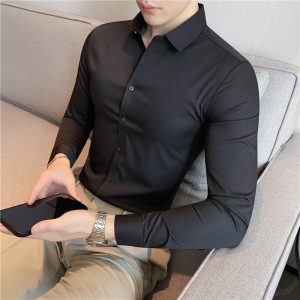 Men’s Solid Elastic Fashion Long Sleeve Shirt