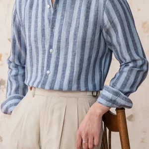 Men’s Wide Stripe 100% Linen Shirt Breathable Italian Style