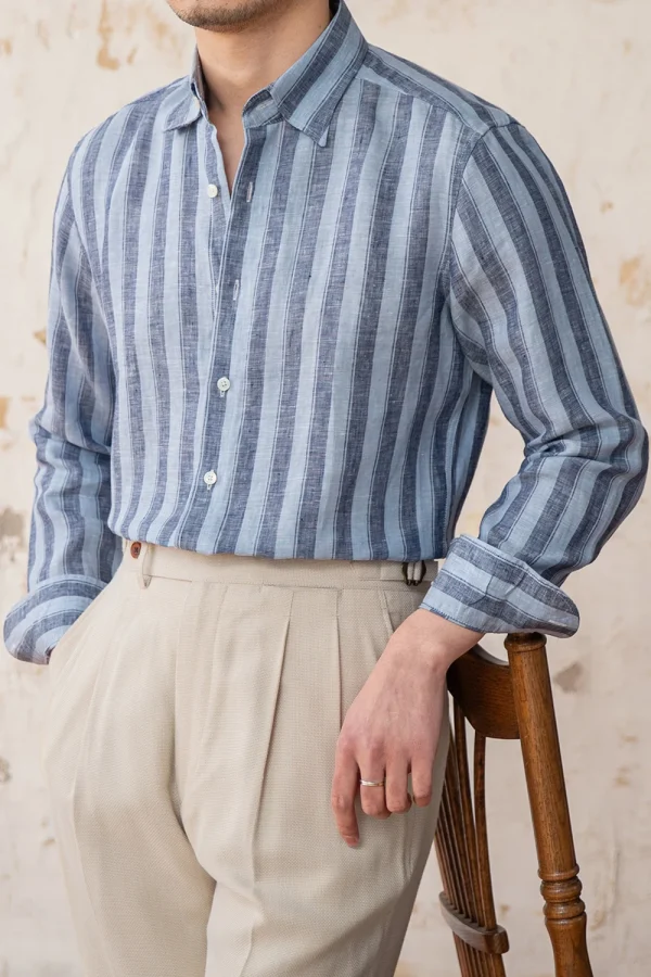 Men’s Wide Stripe 100% Linen Shirt Breathable Italian Style