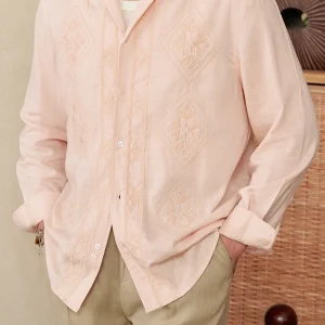 Men’s Thin Embroidered Cuban Collar Long Sleeve Shirt