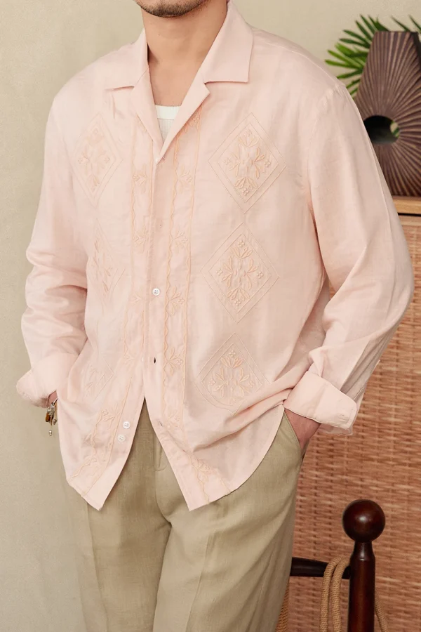 Men’s Thin Embroidered Cuban Collar Long Sleeve Shirt
