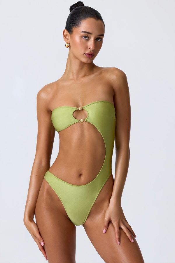Bead-Embellished Cut-Out Bandeau Swimsuit in Pear Green - Image 5