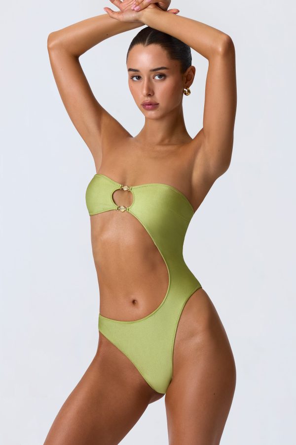 Bead-Embellished Cut-Out Bandeau Swimsuit in Pear Green - Image 6