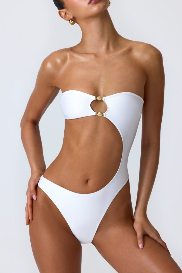 Bead-Embellished Cut-Out Bandeau Swimsuit in White - Image 4