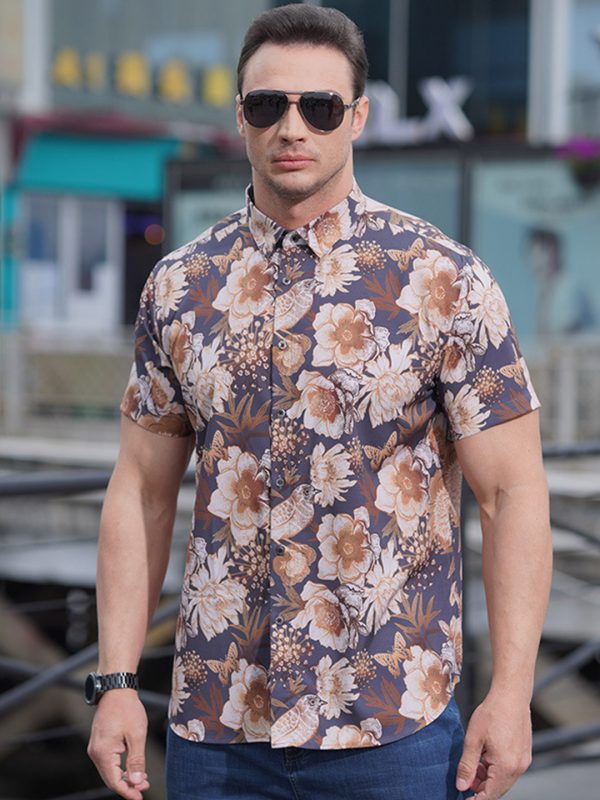 Men’s 2023 Elastic Floral Print Loose Shirt - Image 4