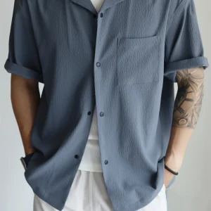 Men’s Vintage Seersucker Breathable Cuban Collar Shirt