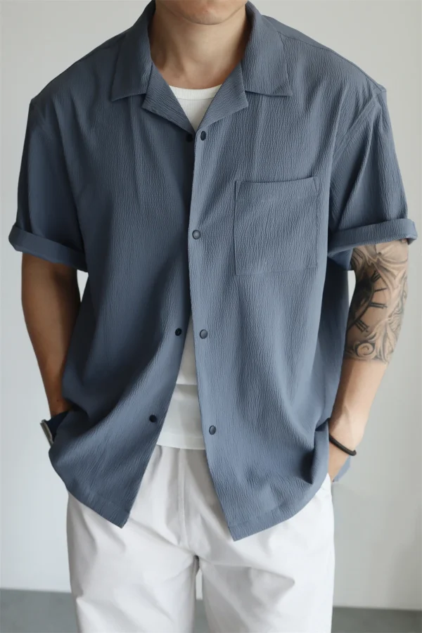 Men’s Vintage Seersucker Breathable Cuban Collar Shirt