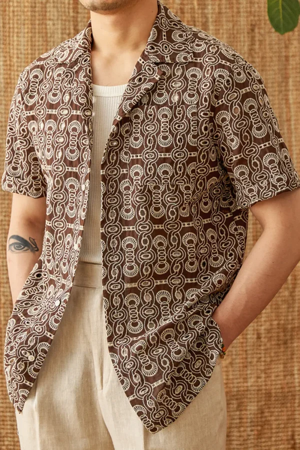 Men’s Vintage Cotton Embroidered Cuban Collar Shirt