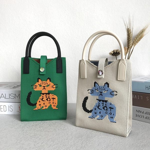 Niche Design Cute Cat Mini Knitted Phone Bag Women's Portable Knitted Shoulder Crossbody Bag Small Square Bag - Image 3