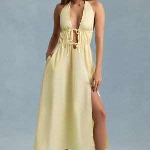 Backless Cotton-Poplin Maxi Dress in Lemon Yellow
