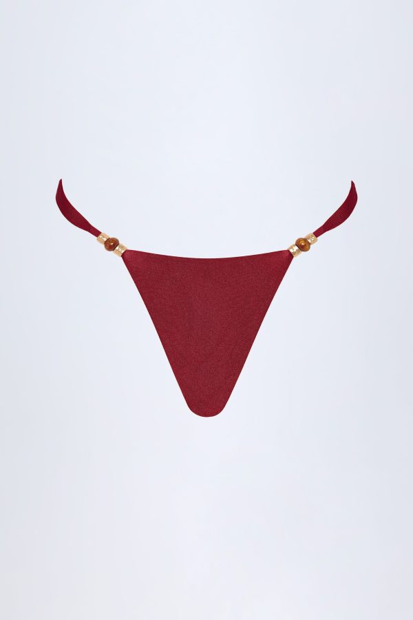 Bead-Embellished Cheeky Bikini Bottoms in Dark Cherry - Image 3