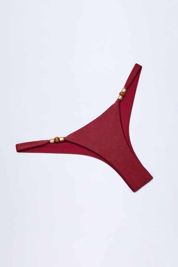 Bead-Embellished Cheeky Bikini Bottoms in Dark Cherry - Image 6