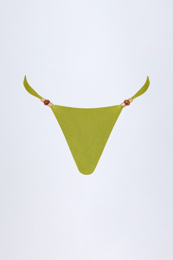 Bead-Embellished Cheeky Bikini Bottoms in Olive Green - Image 3