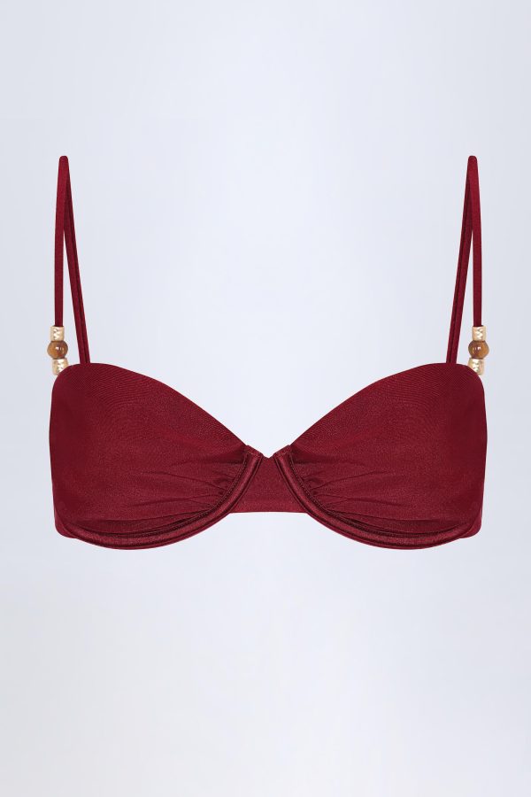 Bead-Embellished Ruched Underwired Bikini Top in Dark Cherry - Image 3
