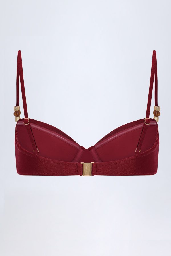 Bead-Embellished Ruched Underwired Bikini Top in Dark Cherry - Image 4