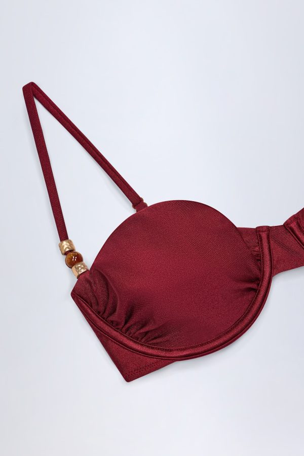 Bead-Embellished Ruched Underwired Bikini Top in Dark Cherry - Image 6