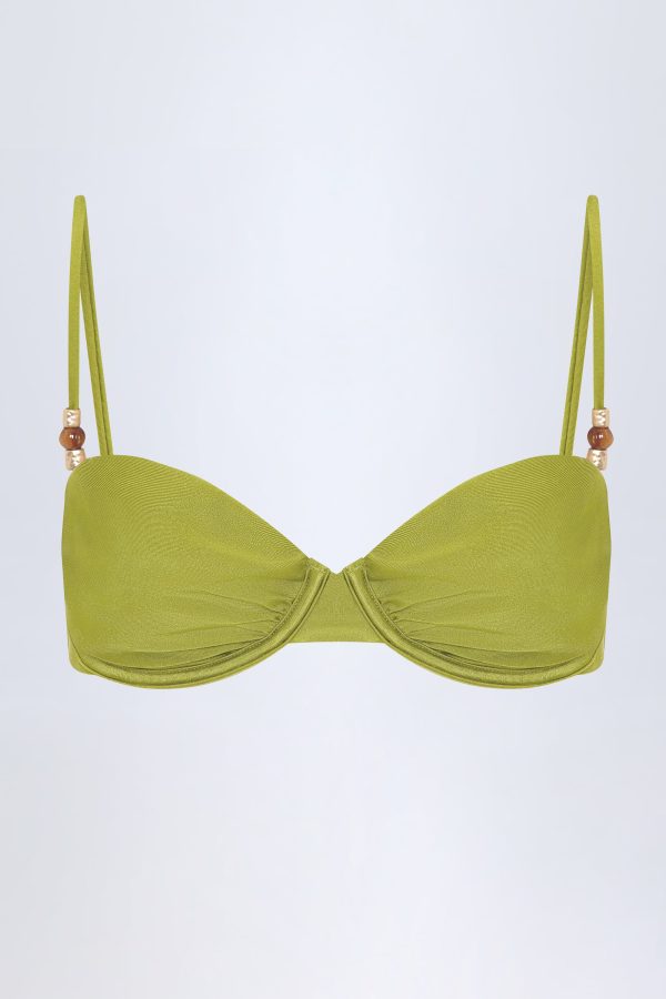 Bead-Embellished Ruched Underwired Bikini Top in Olive Green - Image 3