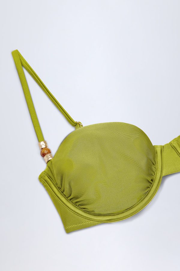 Bead-Embellished Ruched Underwired Bikini Top in Olive Green - Image 6