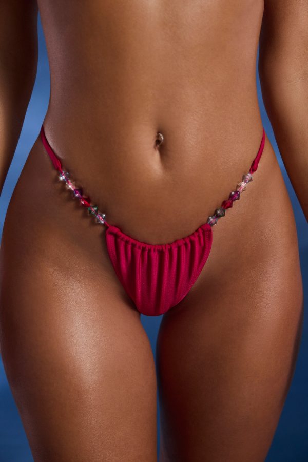 Bead-Embellished Drawstring Thong Bikini Bottoms in Raspberry Pink - Image 4