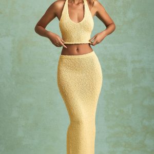Bouclé Mid-Rise Maxi Skirt in Yellow