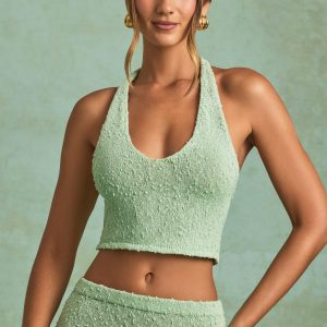 Bouclé Halterneck Crop Top in Mint