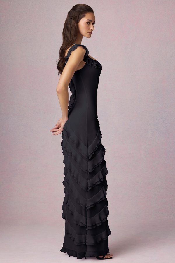 Asymmetric Ruffled Lace-Up Gown in Black - Image 5
