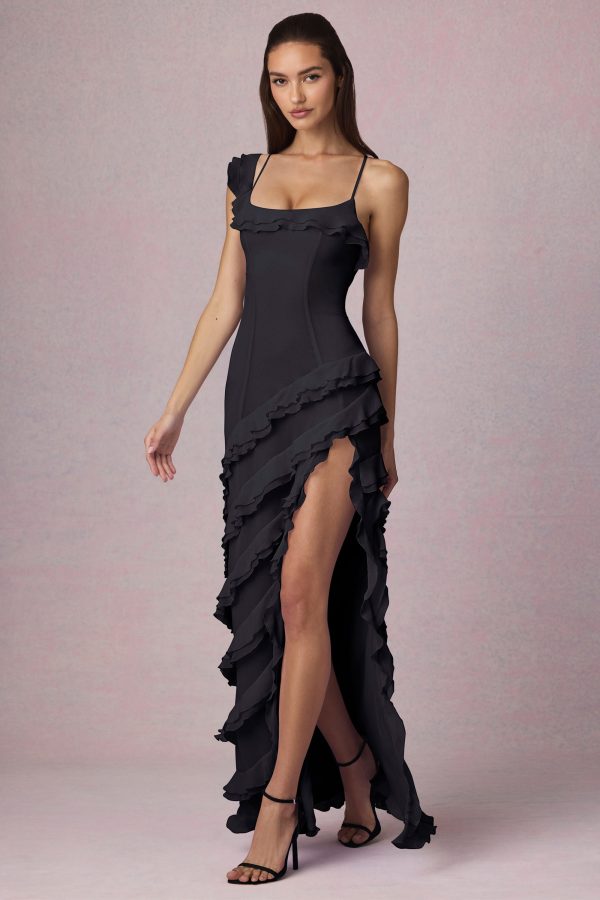 Asymmetric Ruffled Lace-Up Gown in Black - Image 7