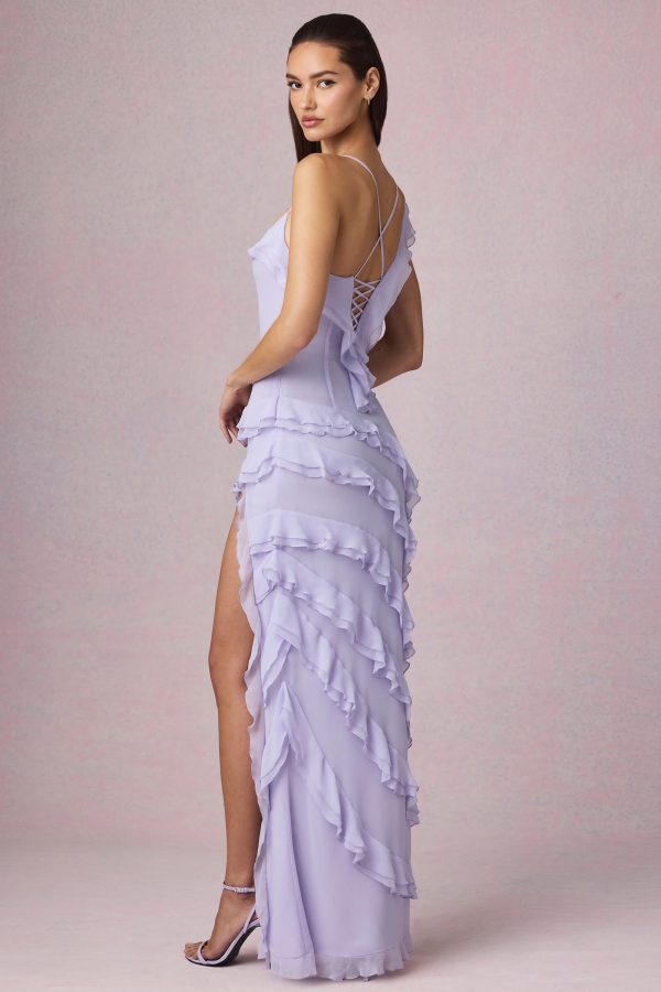 Asymmetric Ruffled Lace-Up Gown in Lilac - Image 2