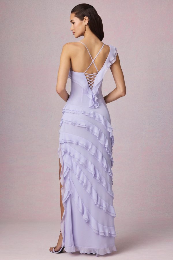 Asymmetric Ruffled Lace-Up Gown in Lilac - Image 3
