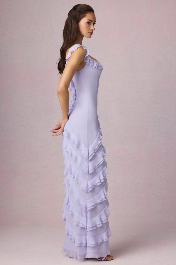 Asymmetric Ruffled Lace-Up Gown in Lilac - Image 5