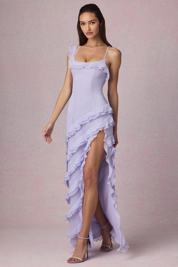 Asymmetric Ruffled Lace-Up Gown in Lilac - Image 6