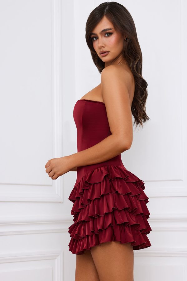 Bandeau Ruffled Tiered Corset Mini Dress in Berry Red - Image 2
