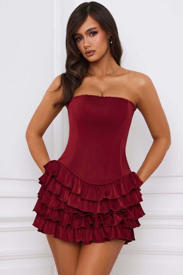 Bandeau Ruffled Tiered Corset Mini Dress in Berry Red - Image 6
