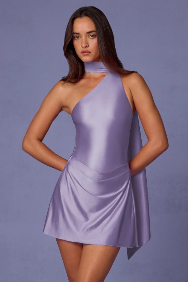 Asymmetric Scarf-Detail Mini Dress in Lilac - Image 7