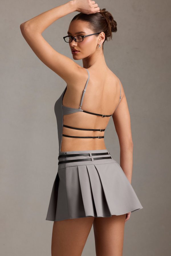 Belted Backless Pleated Mini Dress in Grey - Image 2