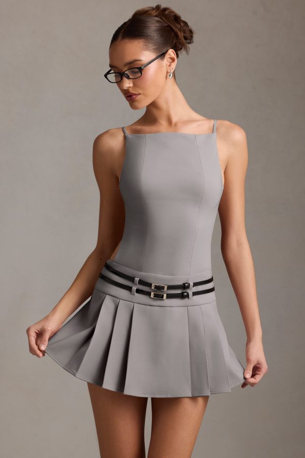 Belted Backless Pleated Mini Dress in Grey - Image 8