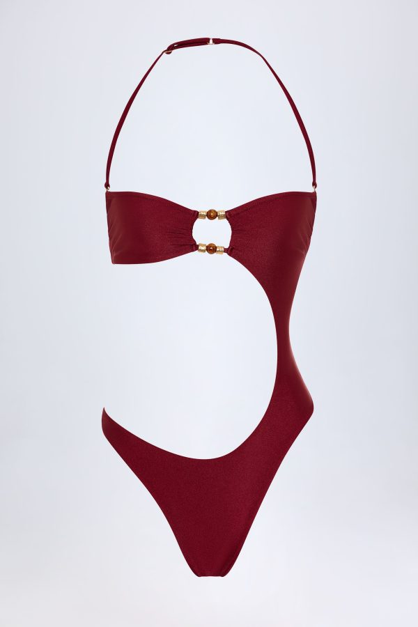 Bead-Embellished Cut-Out Bandeau Swimsuit in Dark Cherry - Image 3