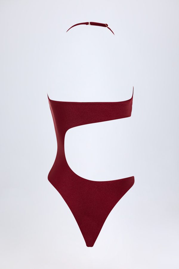 Bead-Embellished Cut-Out Bandeau Swimsuit in Dark Cherry - Image 4