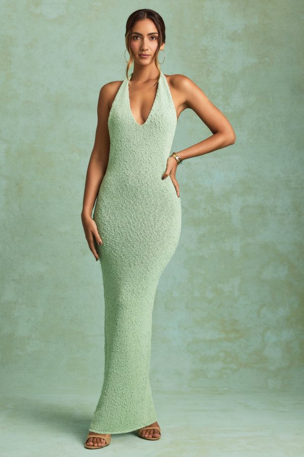 Bouclé Halterneck Maxi Dress in Mint - Image 2