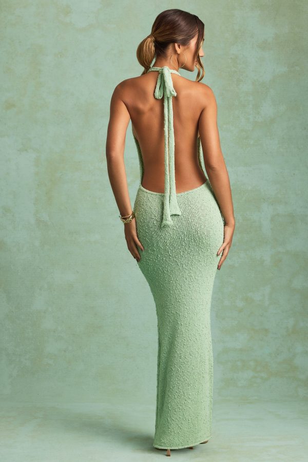Bouclé Halterneck Maxi Dress in Mint - Image 5