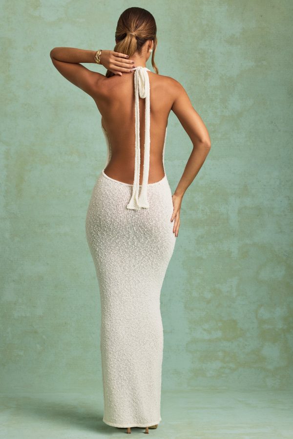 Bouclé Halterneck Maxi Dress in White - Image 5