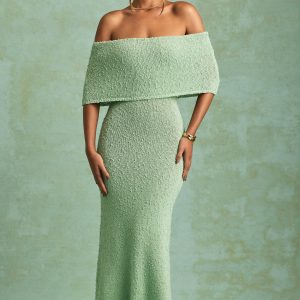 Bouclé Off-Shoulder Maxi Dress in Mint